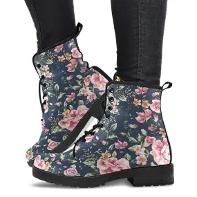 Combat Boots for Women - Floral Pattern 2 Handcrafted Boots | Unique Custom Faux Leather Shoes, Cruelty-free Vegan Handmade Lace Up