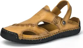 Mens Leather Sandals Hollow Closed Toe Summer Outdoor Casual Beach Shoes