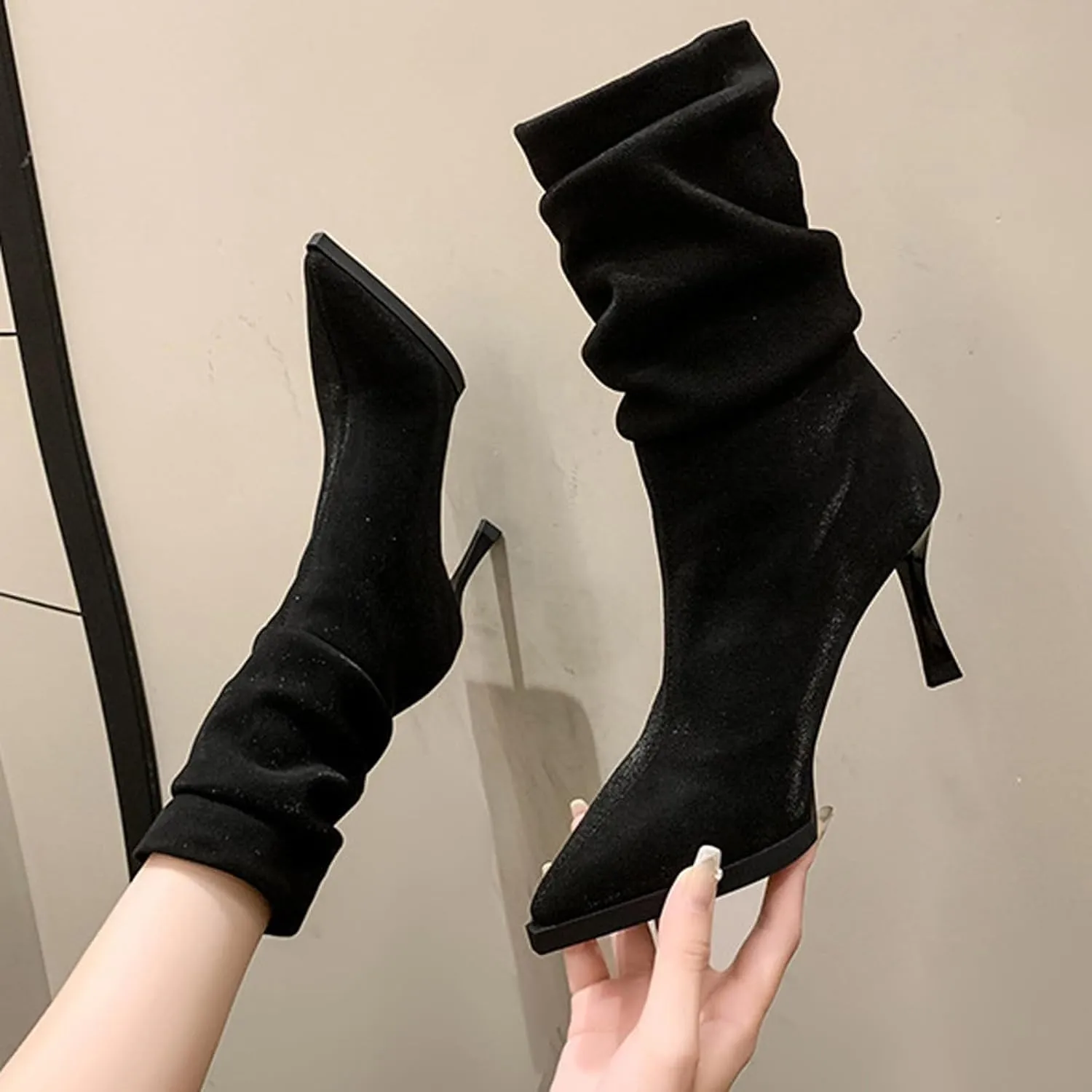 Women's Sock Boots Slip On Elastic Suede Pointed Toe Boots Shoes Stylish Womens Heels Boot Winter Casual Dressy Shoes