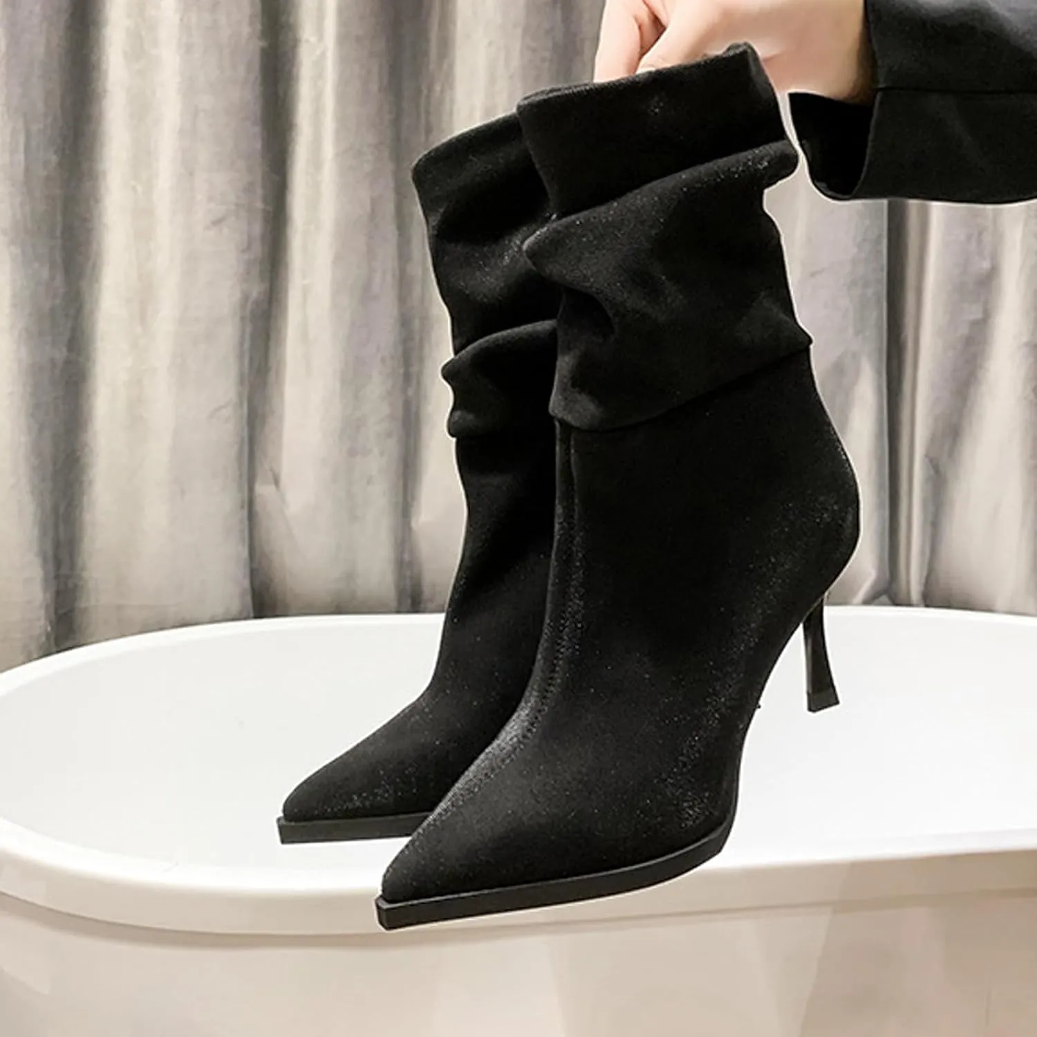 Women's Sock Boots Slip On Elastic Suede Pointed Toe Boots Shoes Stylish Womens Heels Boot Winter Casual Dressy Shoes